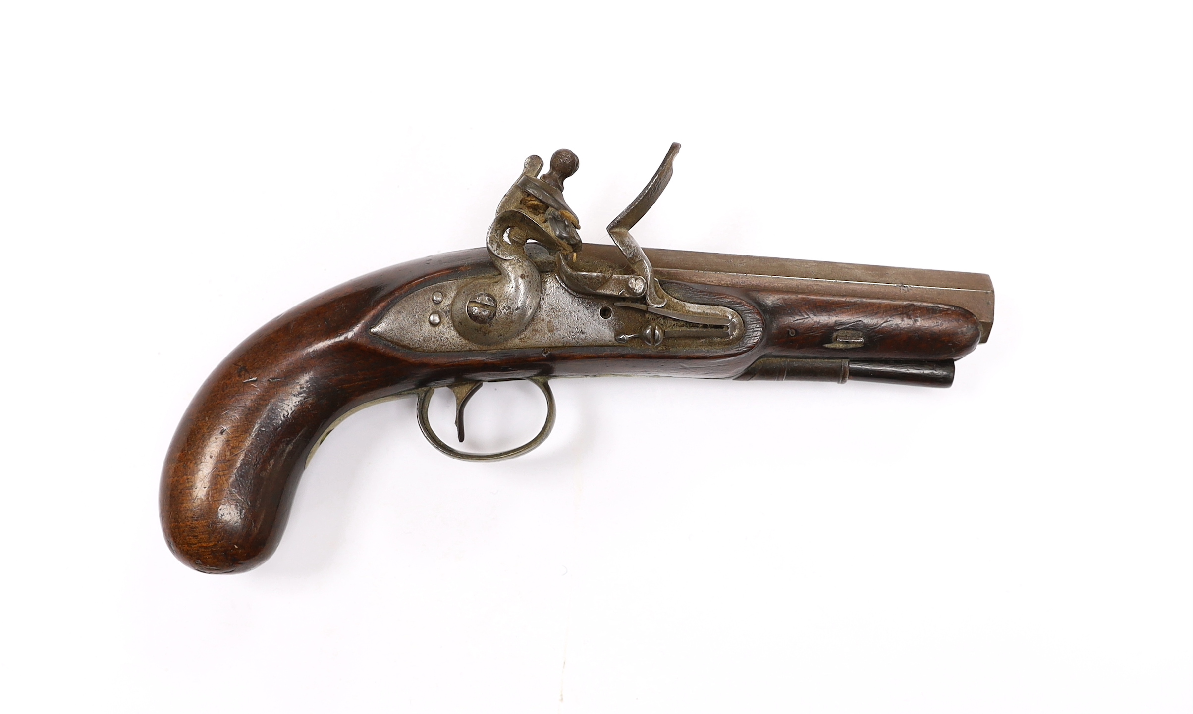 A flintlock overcoat pistol c.1820, octagonal barrel with gold inlaid breach line and engraved trigger guard, barrel 11.3cm